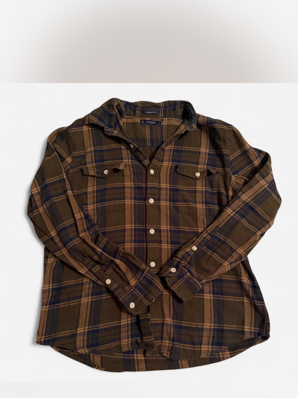 Lucky Brand Brown and Navy Plaid Button-Down Shirt